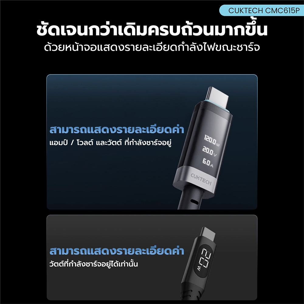 สายชาร์จแม่เหล็ก CUKTECH CMC615P สีดำ 6A 240W  มีจอ USB-C TO USB-C รองรับชาร์จเร็ว PD3.1_3
